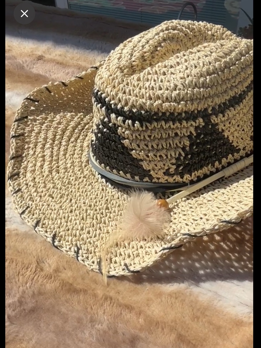 Woven Straw Sun Hat with Black Accent and Feather Detail